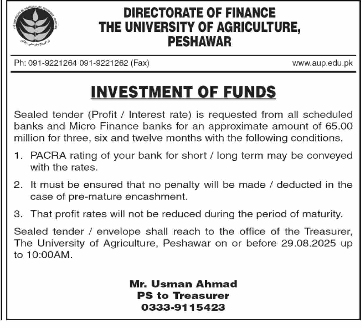 The University of Agriculture Peshawar Tender Notice